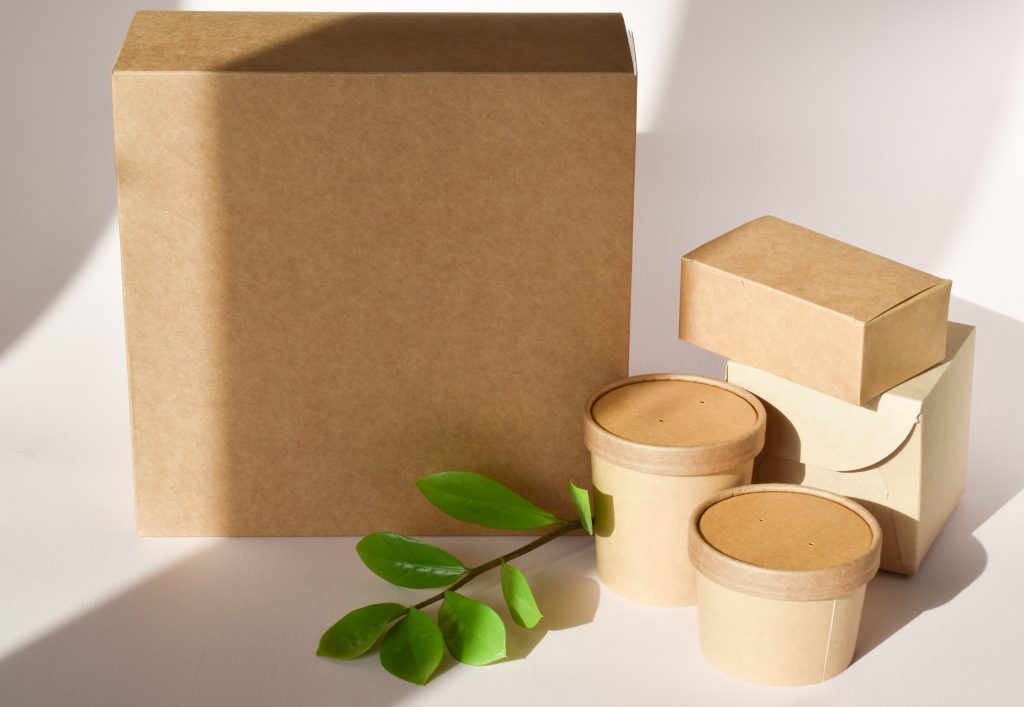 A cardboard box with space for text. Zero waste. Paper packaging for food products. Recyclable paper.